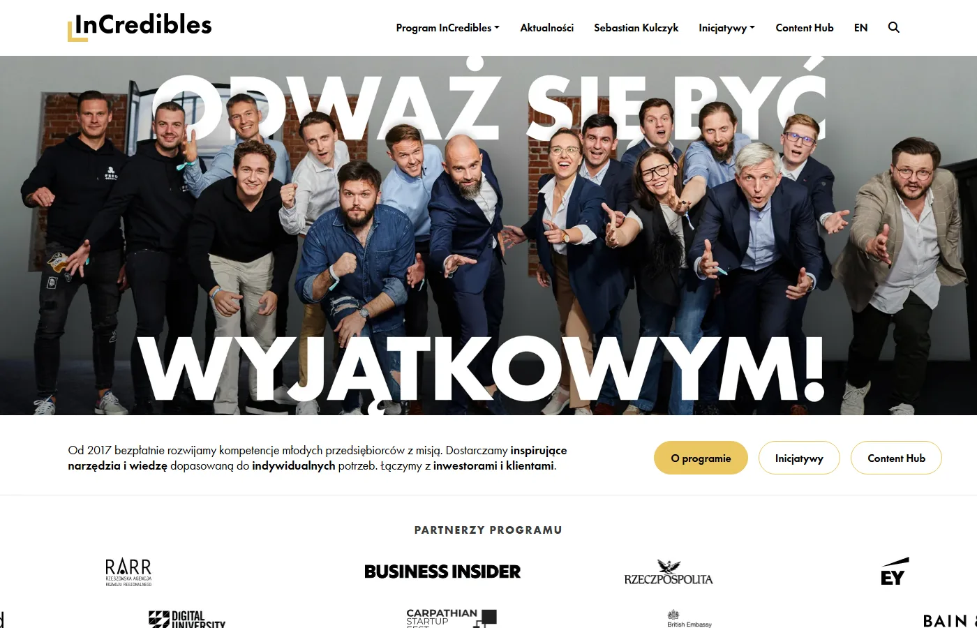 Strona główna programu InCredibles z informacją o bezpłatnym rozwijaniu kompetencji młodych przedsiębiorców