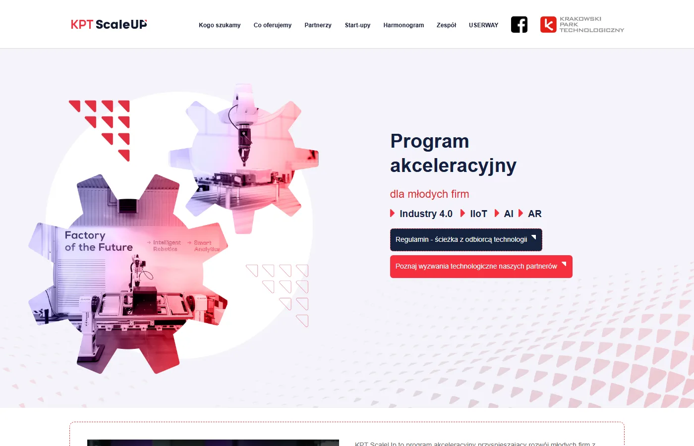 Strona KPT ScaleUp - program akceleracyjny dla młodych firm Industry 4.0, IIoT, AI, AR