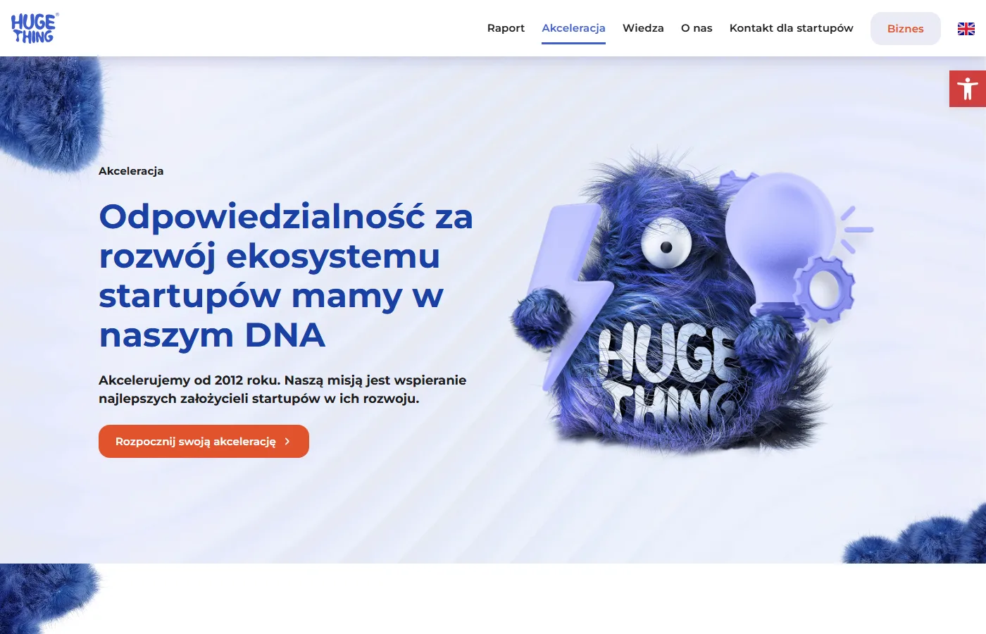 Strona akceleracji Huge Thing z informacją o akcelerowaniu startupów od 2012 roku