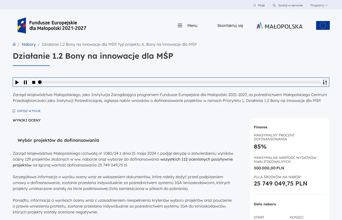 Strona naboru Działanie 1.2 Bony na innowacje dla MŚP w programie Fundusze Europejskie dla Małopolski