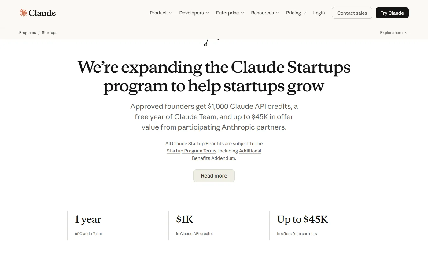 Strona Claude for Startups: 1 rok Claude Team, 1000 USD kredytów API, do 45 000 USD w ofertach partnerów