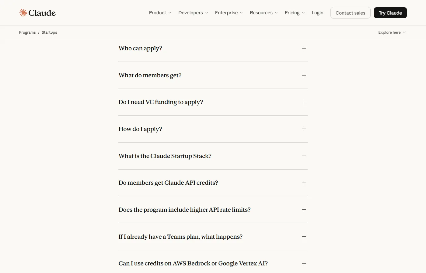 FAQ programu Claude for Startups z pytaniami o warunki, VC i kredyty