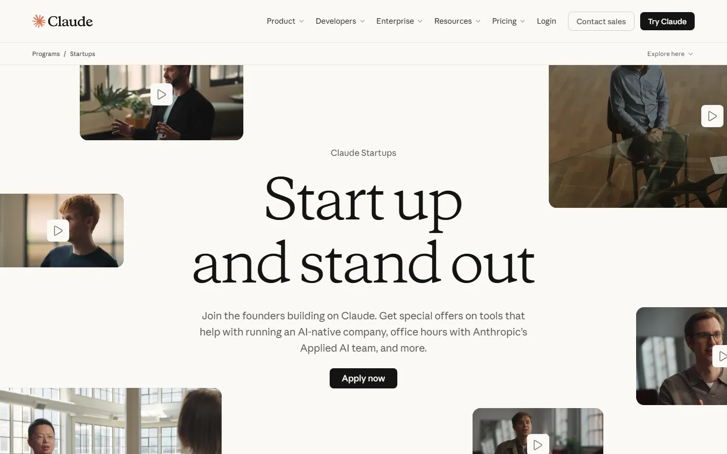 Strona Claude Startups z przyciskiem Apply now