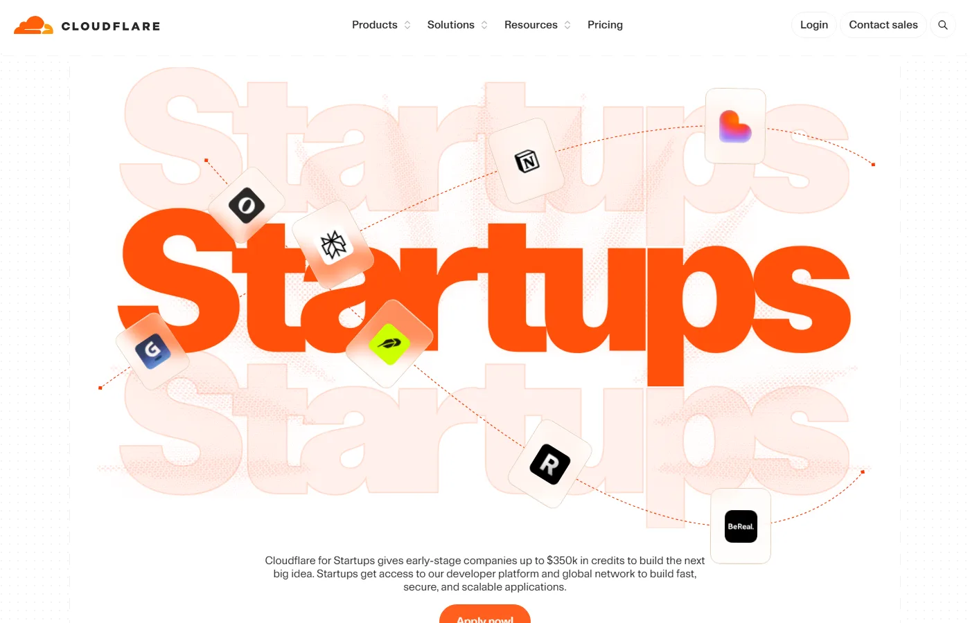 Strona Cloudflare for Startups: do 350 000 USD kredytów i przycisk Apply now
