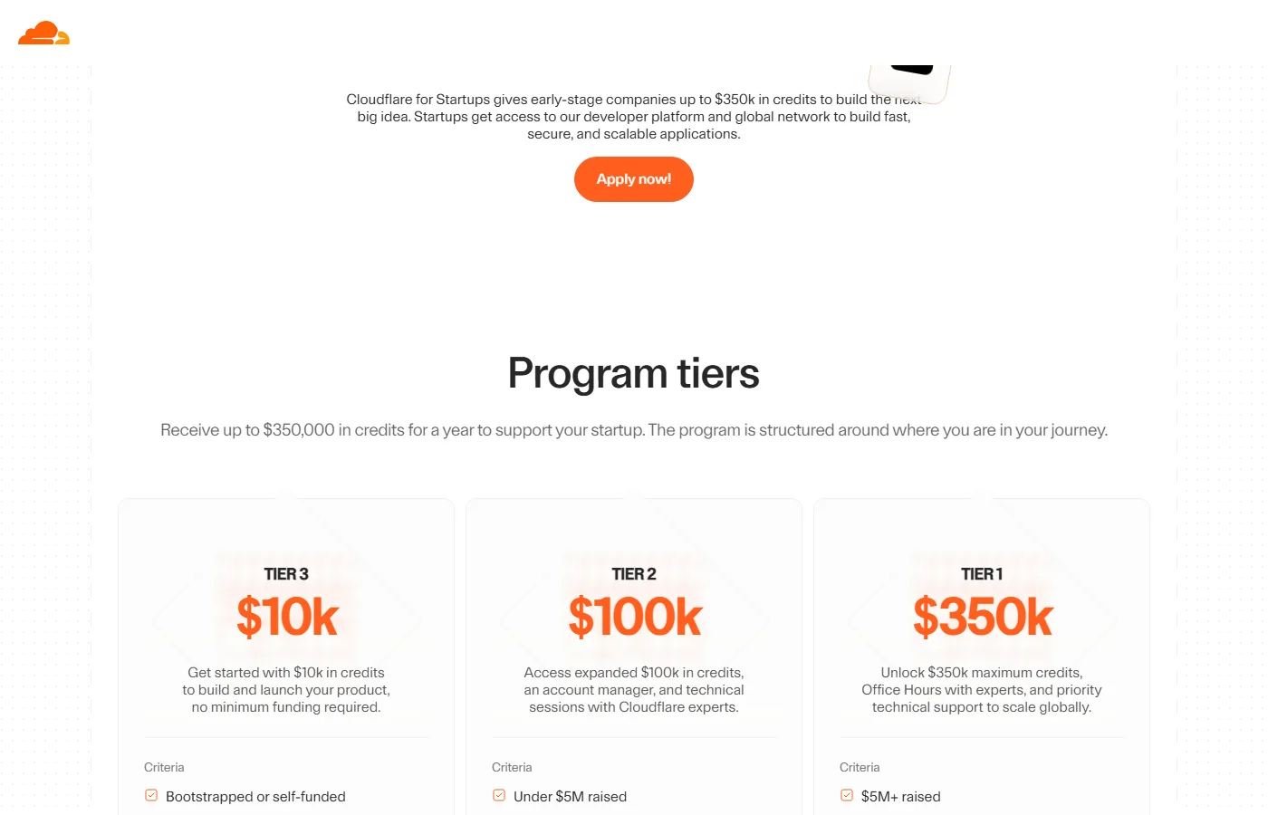 Poziomy Cloudflare for Startups: Tier 3 10 000 USD, Tier 2 100 000 USD, Tier 1 350 000 USD