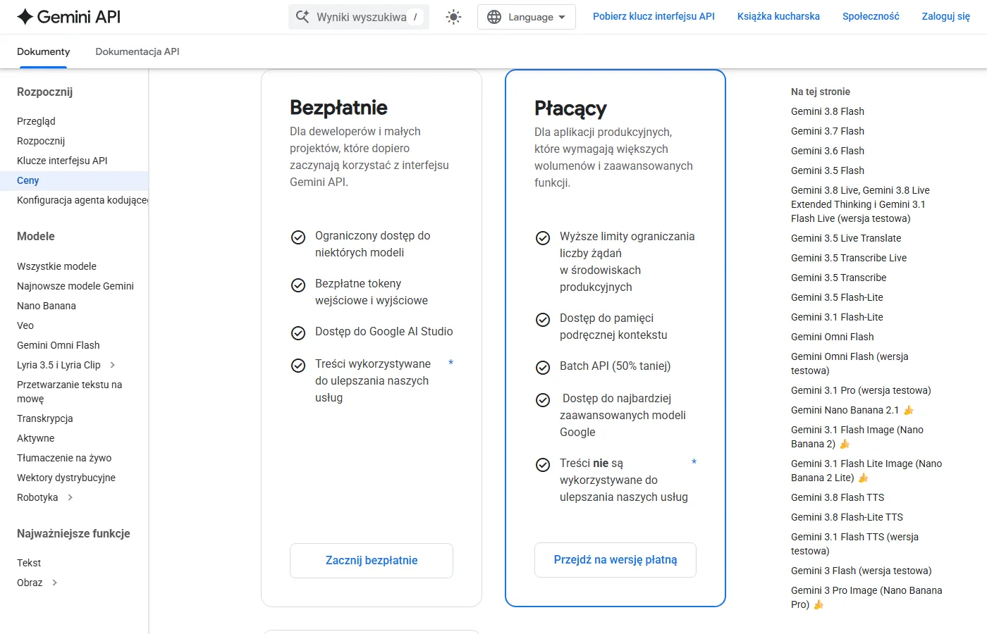 Cennik Gemini API - kolumny Bezpłatnie i Płacący