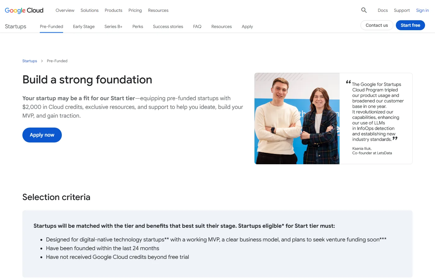Strona tieru Start w Google for Startups Cloud z kwotą 2000 USD i kryteriami