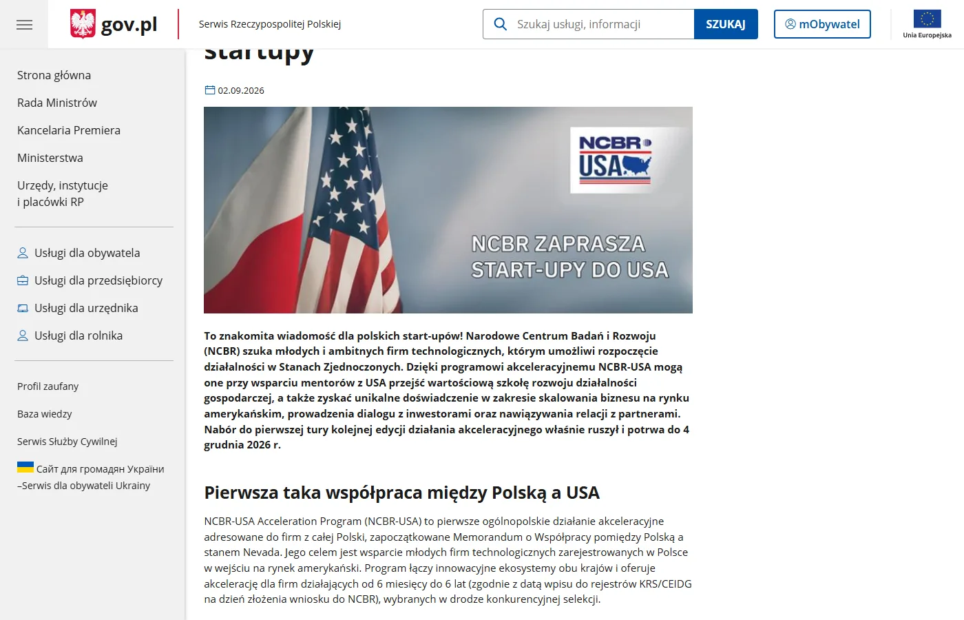 Komunikat NCBR z 2 września 2026 o naborze do programu NCBR-USA do 4 grudnia 2026