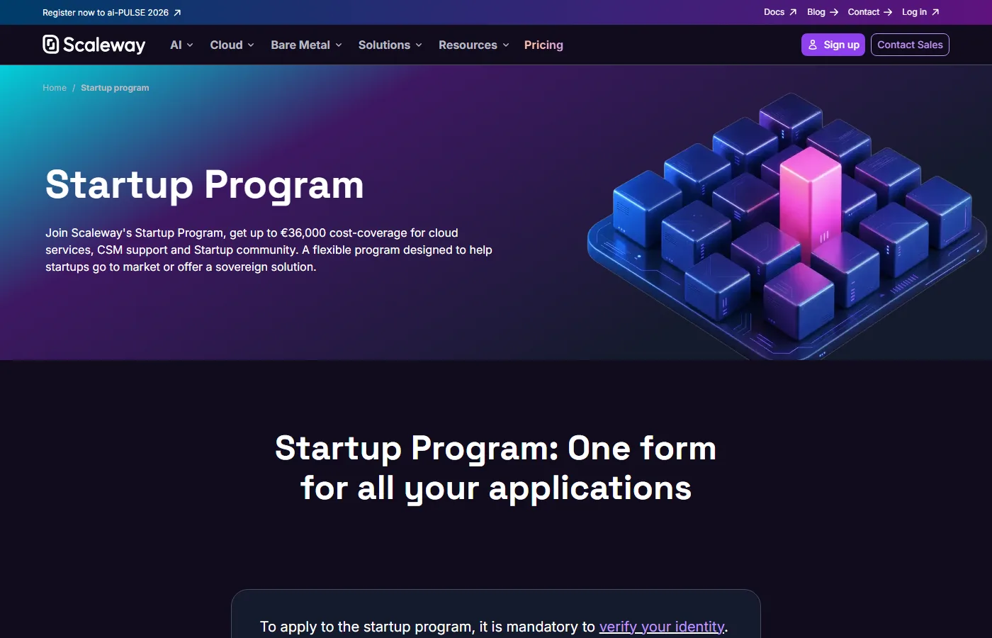 Strona Scaleway Startup Program: do 36 000 EUR i jeden formularz na wszystkie poziomy