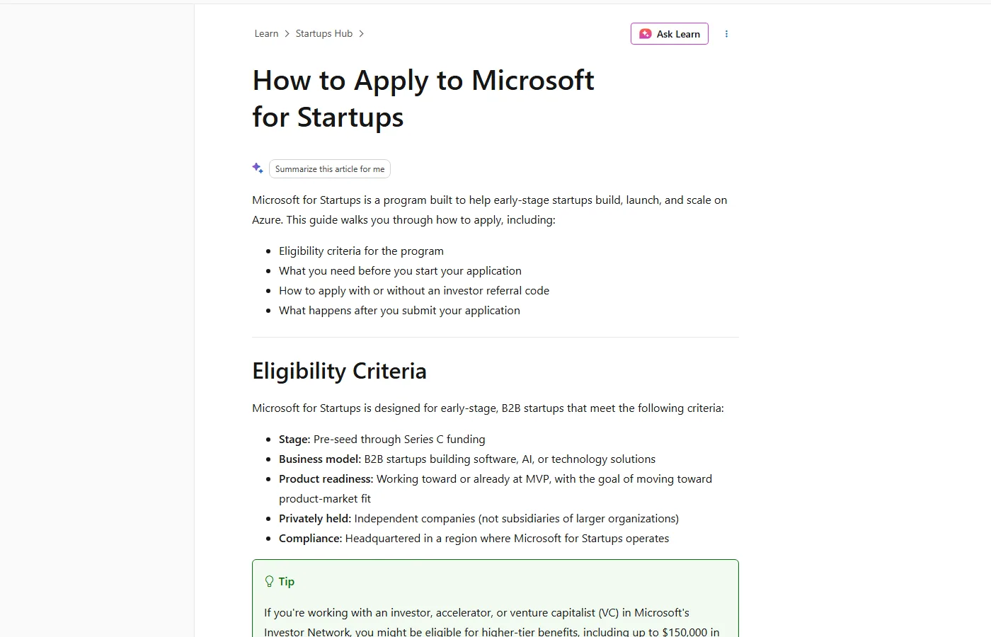 Strona Microsoft Learn z warunkami Microsoft for Startups